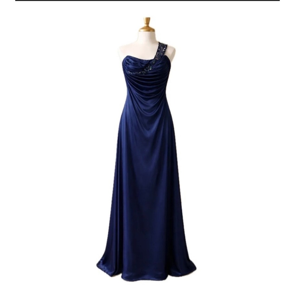 Beata Studio Navy Blue One Shoulder Sequin Formal Evening Gown Dress